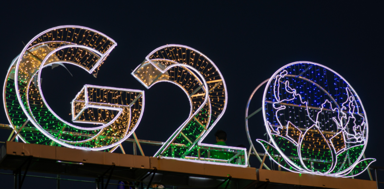 G20 logo installed on a pedestrian bridge outside the main venue of the upcoming G20 Summit