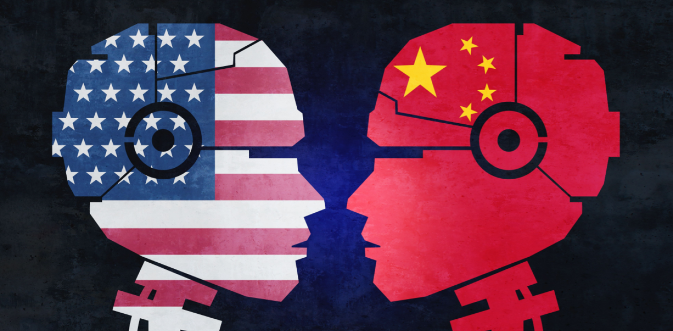 Robots with US and Chinese flags stand face to face