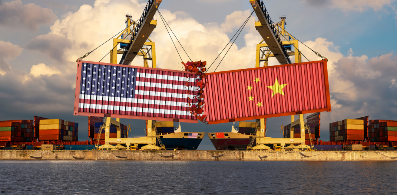 Shipping containers with the US and Chinese flag collide