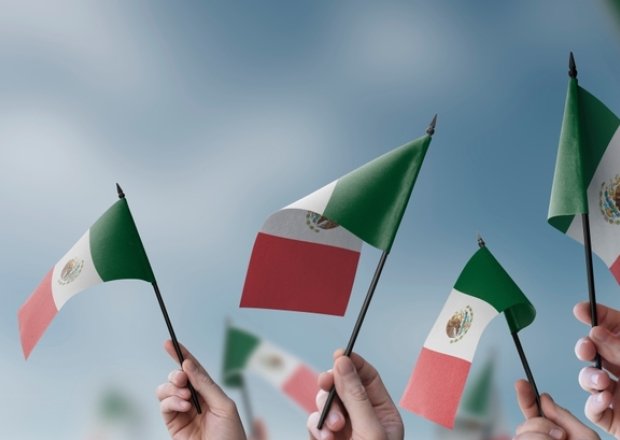 A group of people holding small flags of the Mexico in their hands.