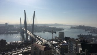 Aerial view of the Golden Bridge in Vladivostok 