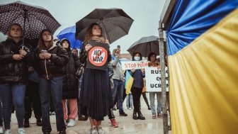 Zhanna Nemtsova appears at a protest in support of Ukraine against Russian invasion in March 2022