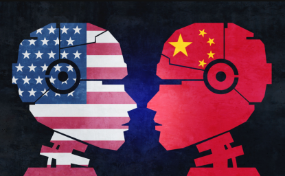 Robots with US and Chinese flags stand face to face