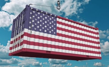 Container with flag of the United States of America. American import or export related conceptual 3D rendering