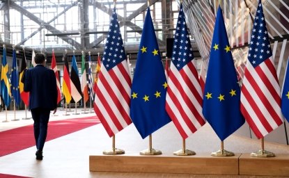 European and US flags in European Council in Brussels