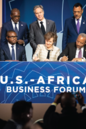 Secretary of State Antony J. Blinken participates in a Millennium Challenge Corporation regional compact signing ceremony with Beninese President Patrice Talon and Nigerien President Mohamed Bazoum in Washington, D.C. on December 14, 2022.