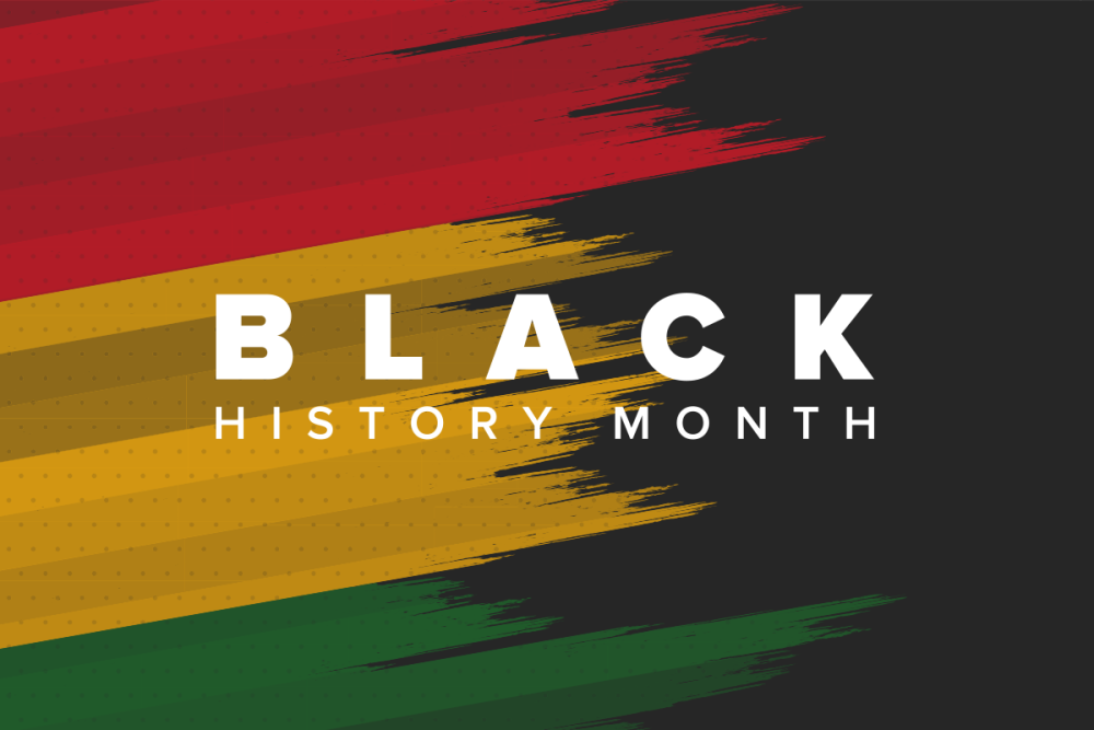 "Black History Month" in white text on top of red, yellow, and green brush strokes