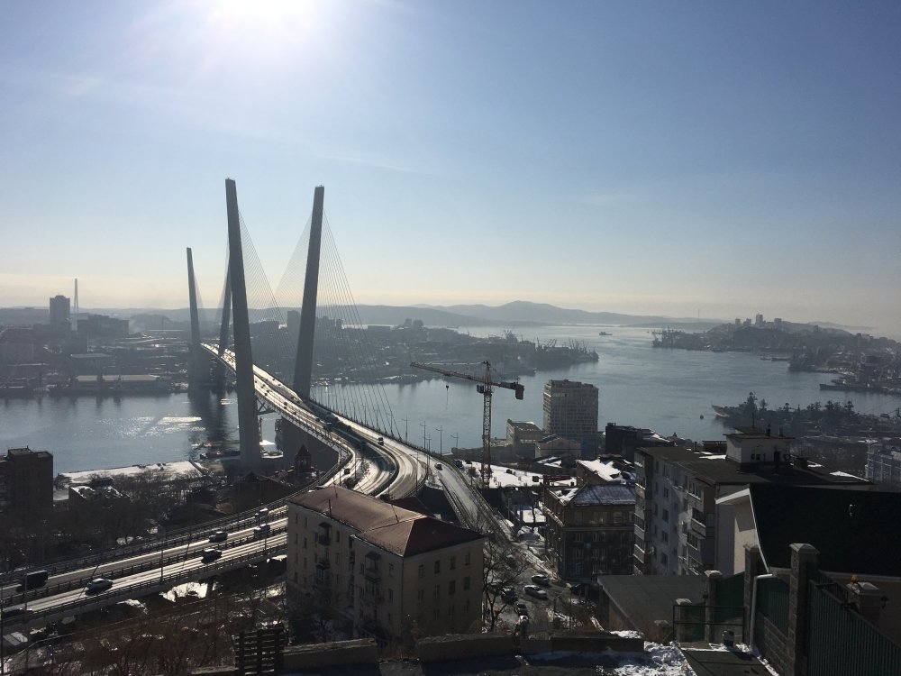 Aerial view of the Golden Bridge in Vladivostok 