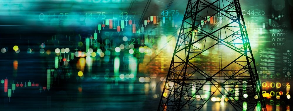 market stock graph and information with city light and electricity and energy facility industry and business banner background