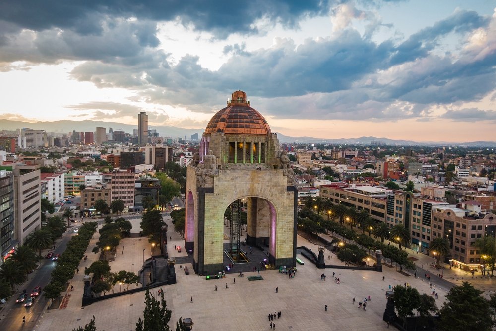 Aerial view of city centre including historical landmark Monument to the Revolution located at Plaza de La Republica in Mexico City, Mexico.