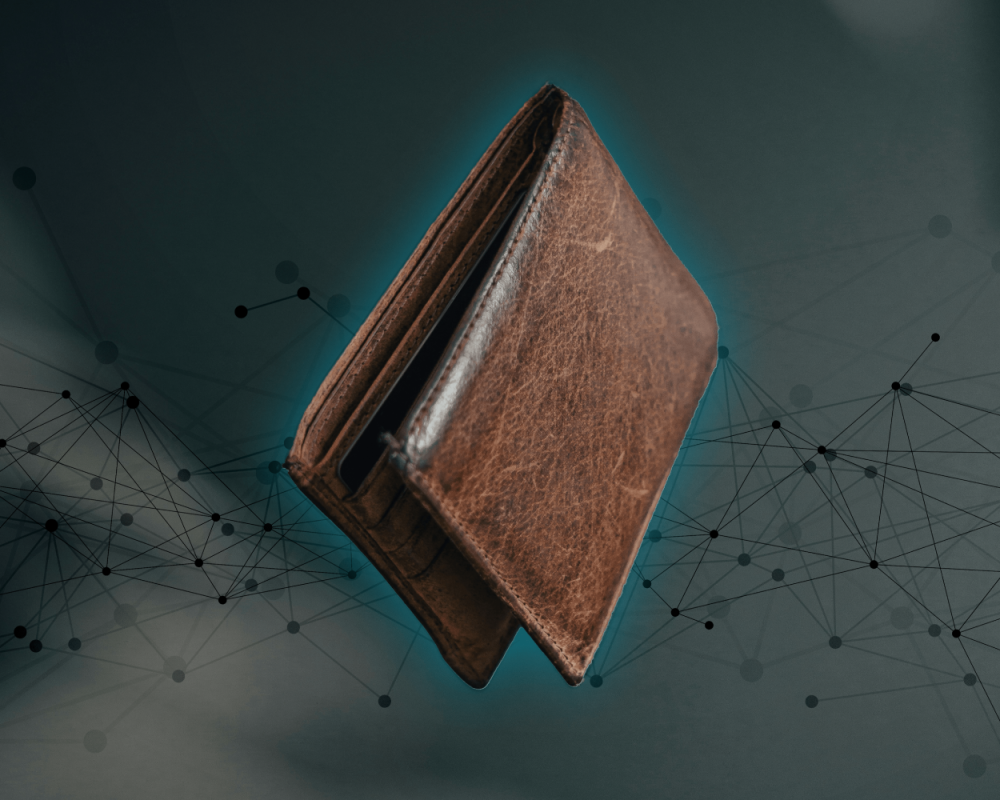 An image of a brown leather wallet suspended in air with a blue glow