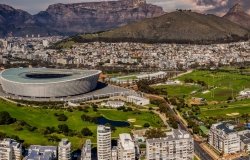 Sunset aerial view of Cape Town city in Western Cape province in South Africa