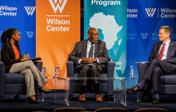 Oge Onubogu sits with Ambassador Johnnie Carson and Ambassador Mark Green