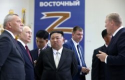 With Chairman of State Affairs of the DPRK Kim Jong-un (center) during an inspection of the Vostochny Cosmodrome. Explanations are given by the head of Roscosmos Yuri Borisov (left) and the general director of the Center for the Operation of Ground-Based Space Infrastructure Nikolai Nestechuk (right).