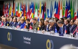 President of Ukraine Volodymyr Zelensky and Vice President Kamala Harris attend the Summit on Peace in Ukraine held in Switzerland on June 15, 2024.